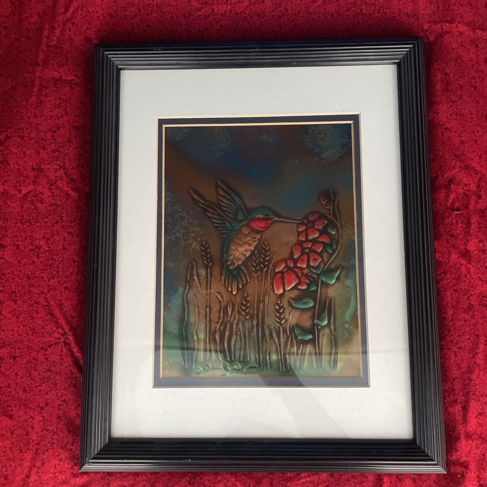 Don J. Dye Repousse Art Hummingbird Hammered Metal Copper Painted 15x12" Frame - Picture 2 of 8